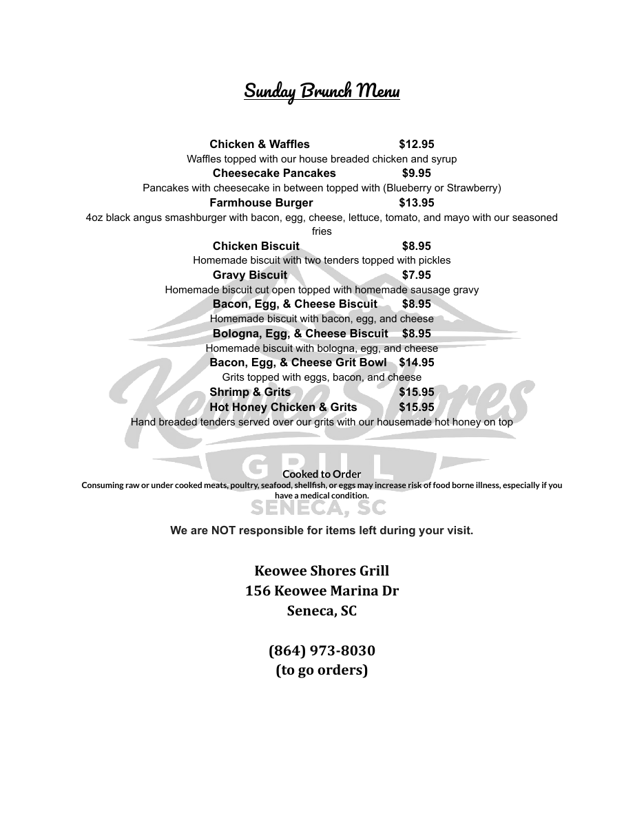 Keowee Shores Grill Sunday brunch menu preview