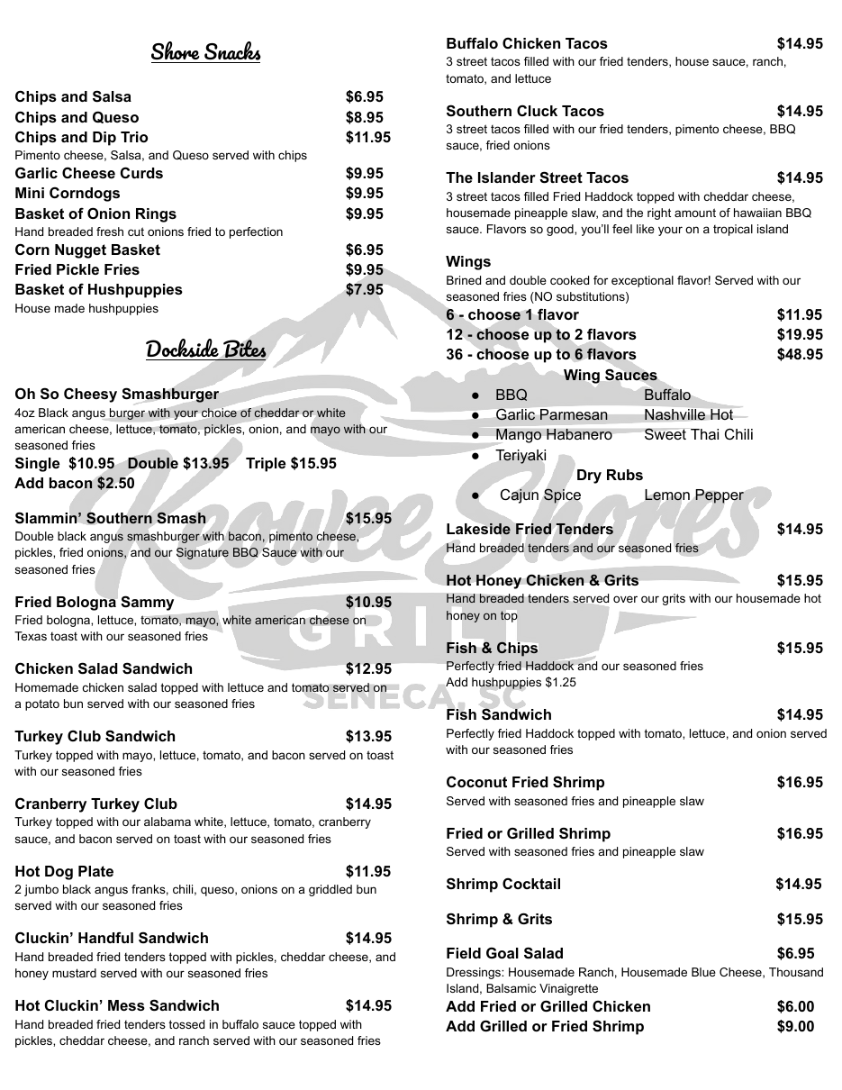 Keowee Shores Grill menu preview